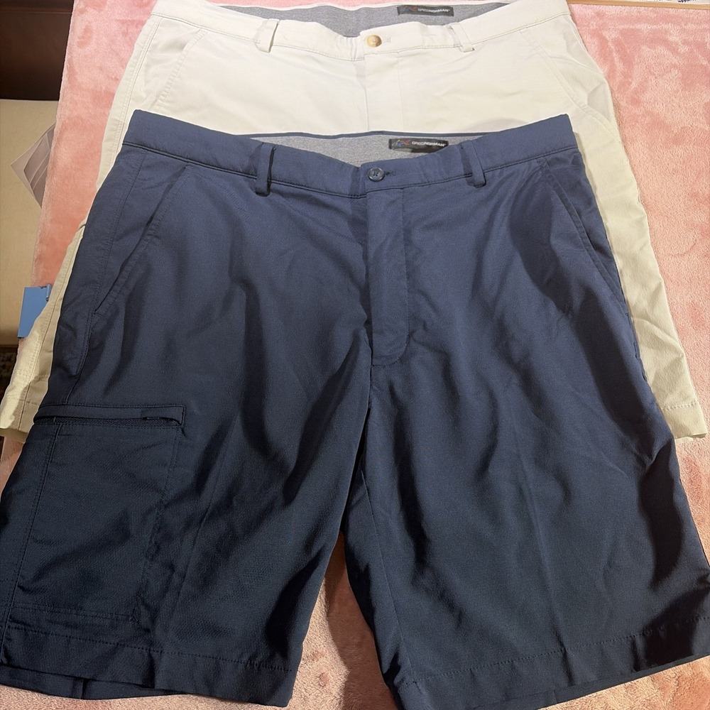 Men's Greg Norman performance golf shorts bundle Of 2 size 34 Blue & Beige.